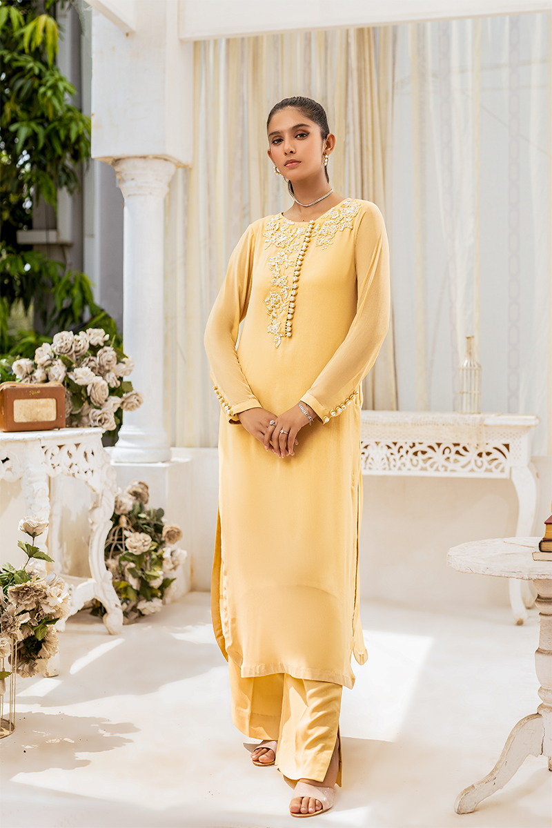 Warm Wish - Georgette Shirt with Cotton Silk Slip and Embroidered Georgette Trouser